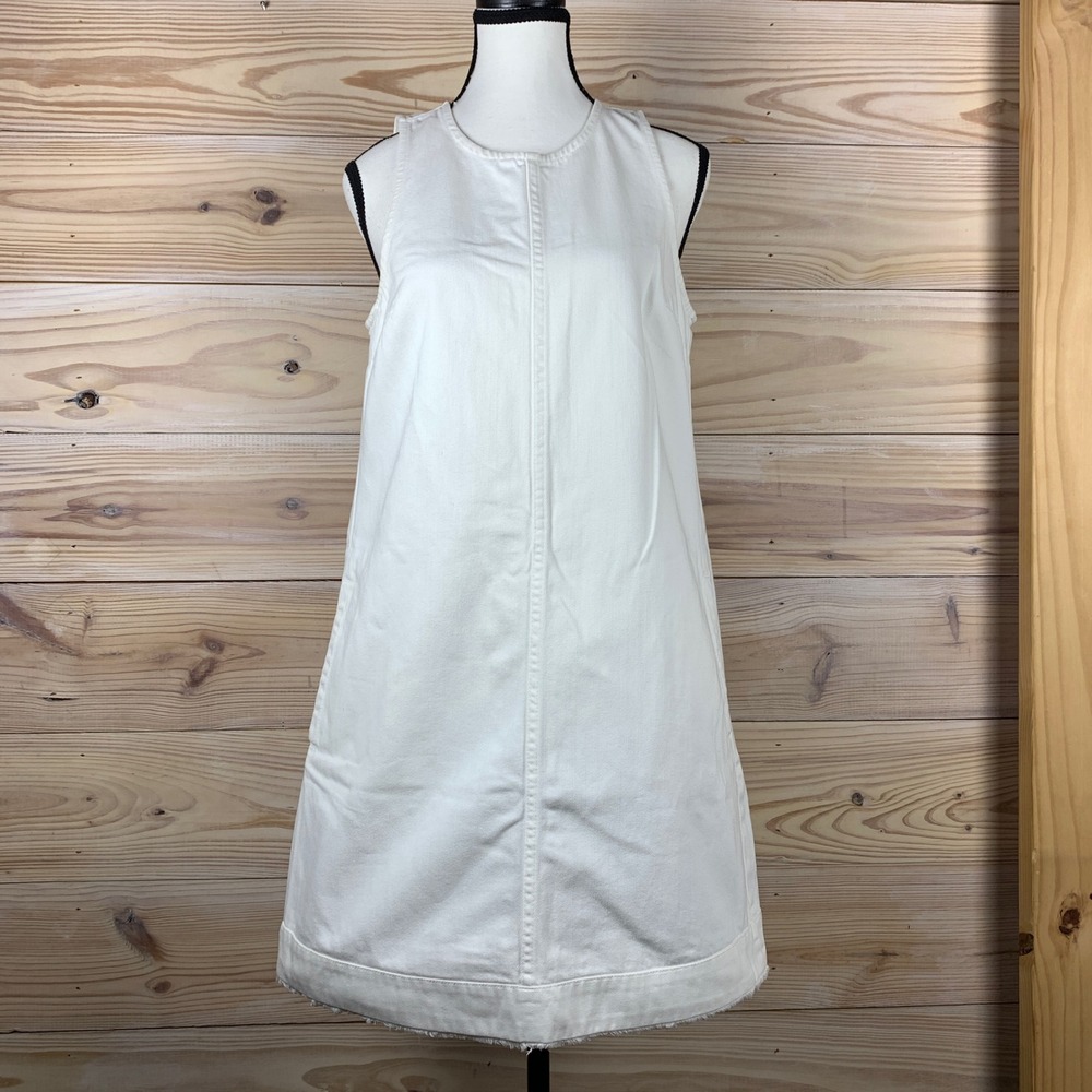 J.Crew Denim Dress Womens 6 White Shift Sleeveless Raw Hem Pockets Casual Summer
